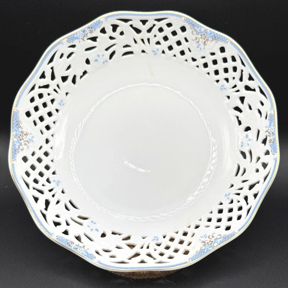 Oscar de la Renta Bouquet Blue Reticulated Serving Bowl West Germany Cottagecore